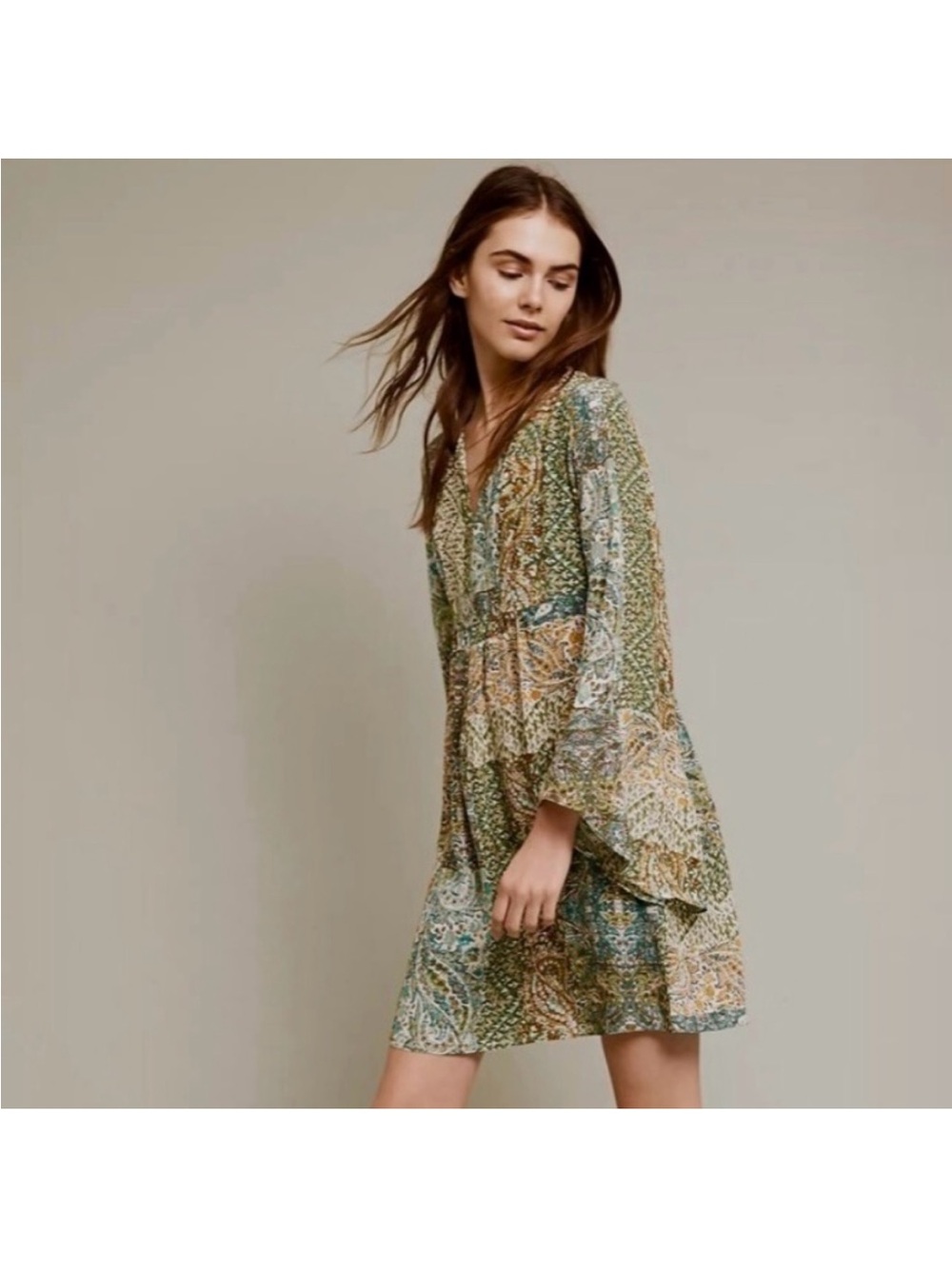 Anthropologie Floreat Amelie Silk Kimono Paisley Dress Kimono Sleeve Size-8